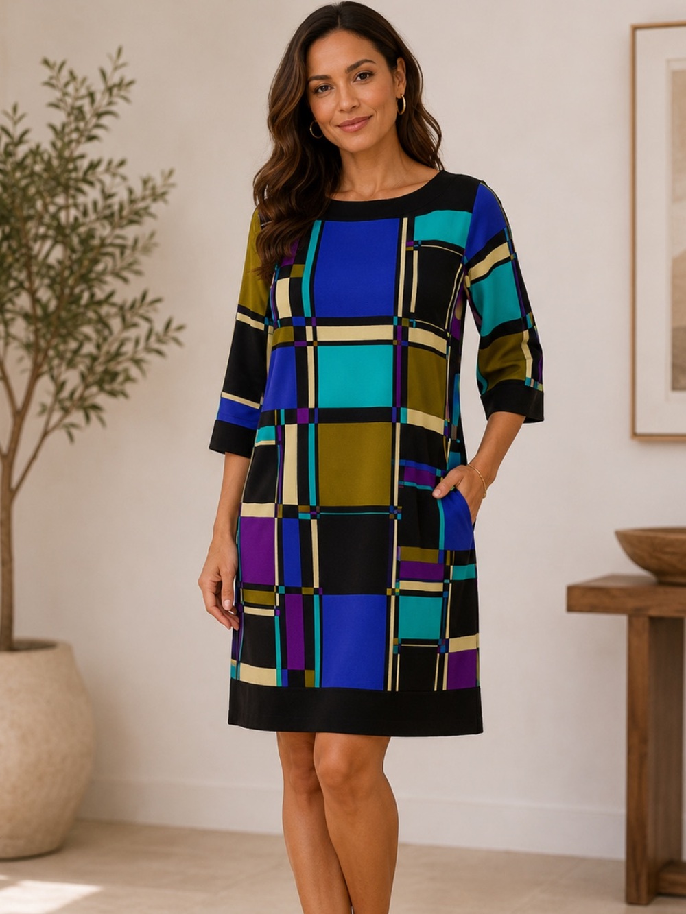 Soho Shift Dress Geometric Colorblock Business Casual Sz Large Stretch 70’s